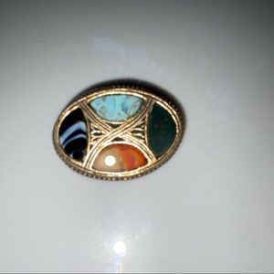 Vintage Celtic signed Miracle brooch goldtone metal multicolored stones